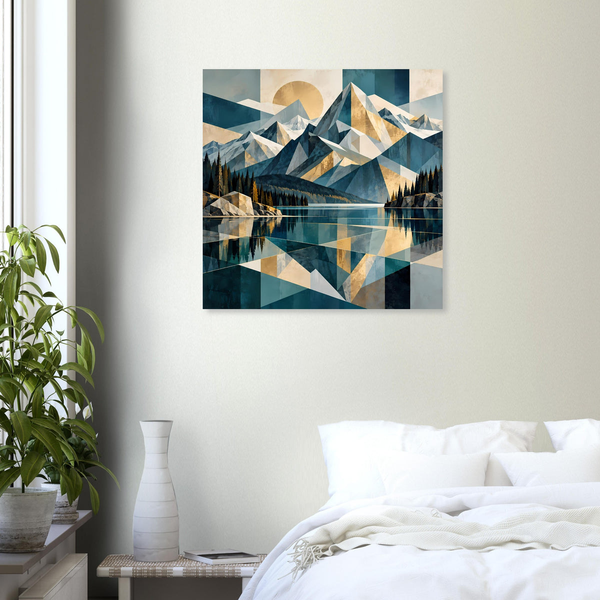 Quadratisches Poster mit geometrischen Bergen, See und warmem Kreismotiv in Blau.