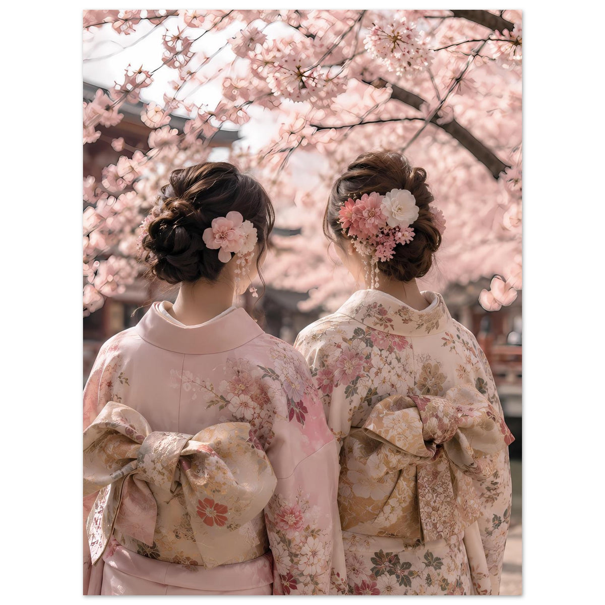 Poster: zwei Personen in bestickten Kimonos, Kirschblütenzweige über den Schultern