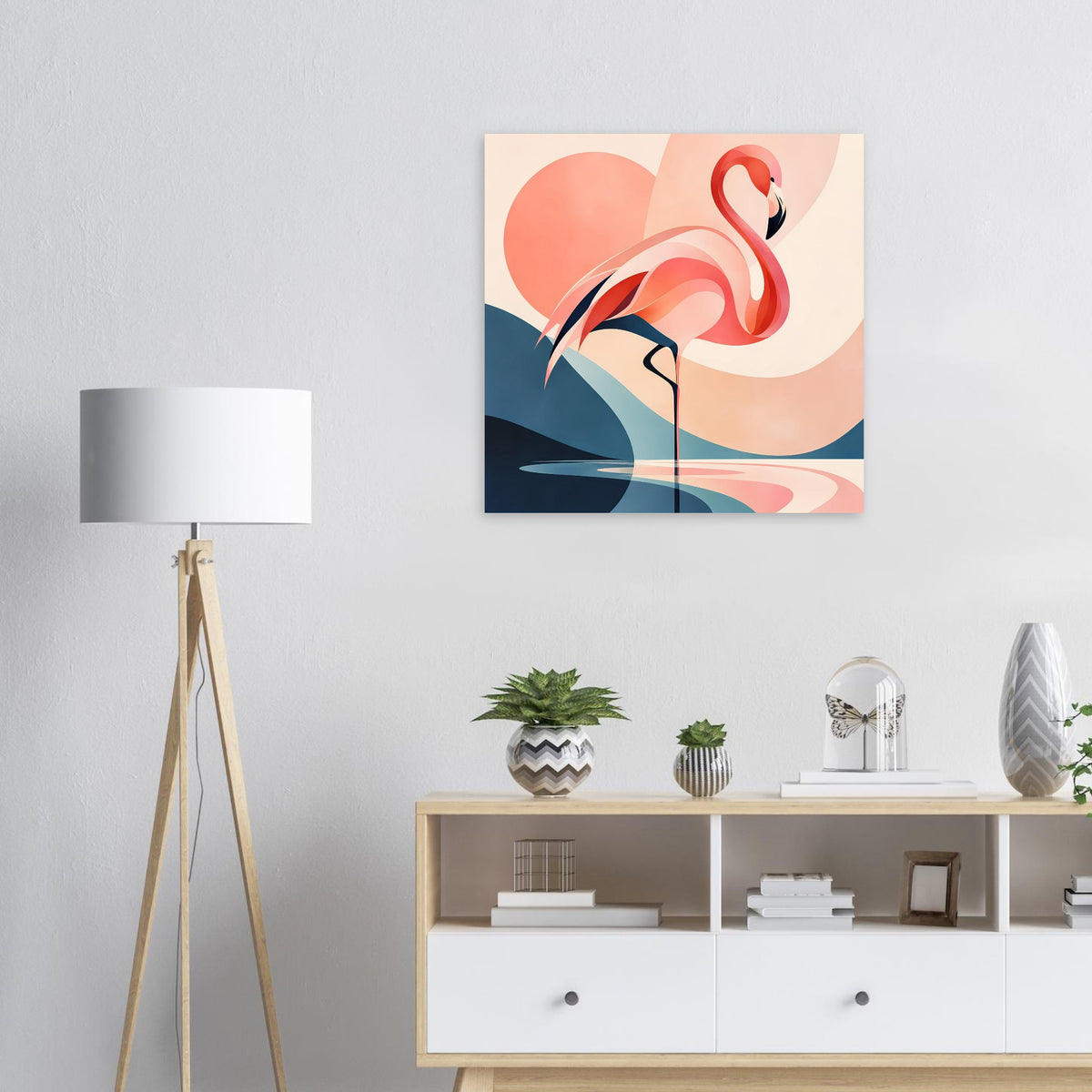 Gerahmter quadratischer Kunstdruck: abstrahierter Flamingo im Sonnenuntergang