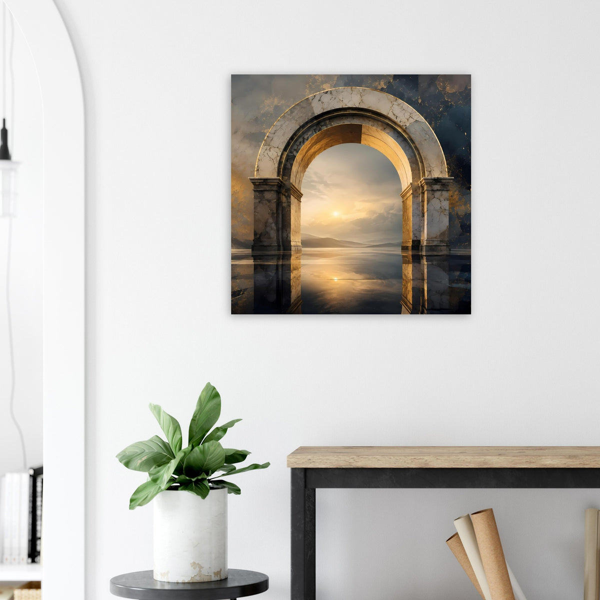 Poster mit antikem Marmorbogen über ruhigem Wasser, warmes Licht im Himmel