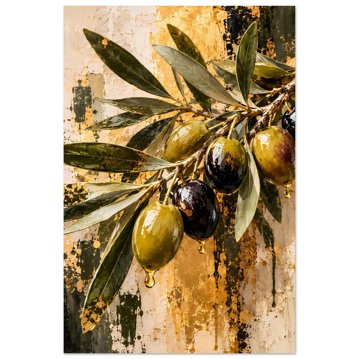 Poster: Olivenzweige mit goldenen, grünen und schwarzen Oliven, abstraktes Motiv