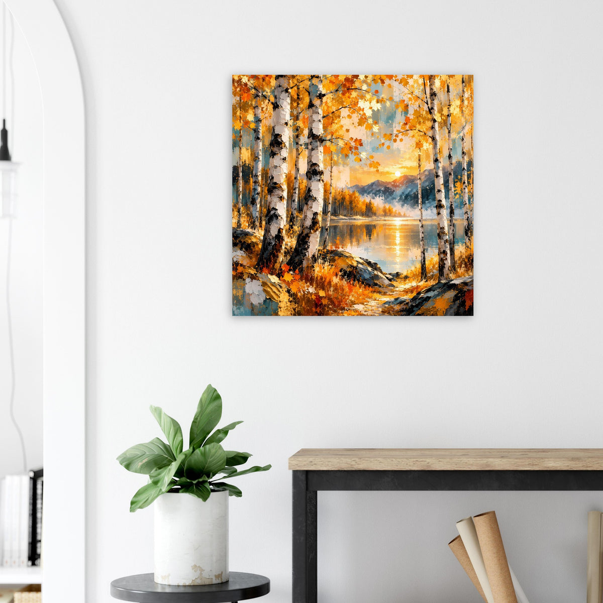 Poster mit Birkenwald im Herbst, orange-blauem Farbverlauf und ruhiger Seeoberfläche