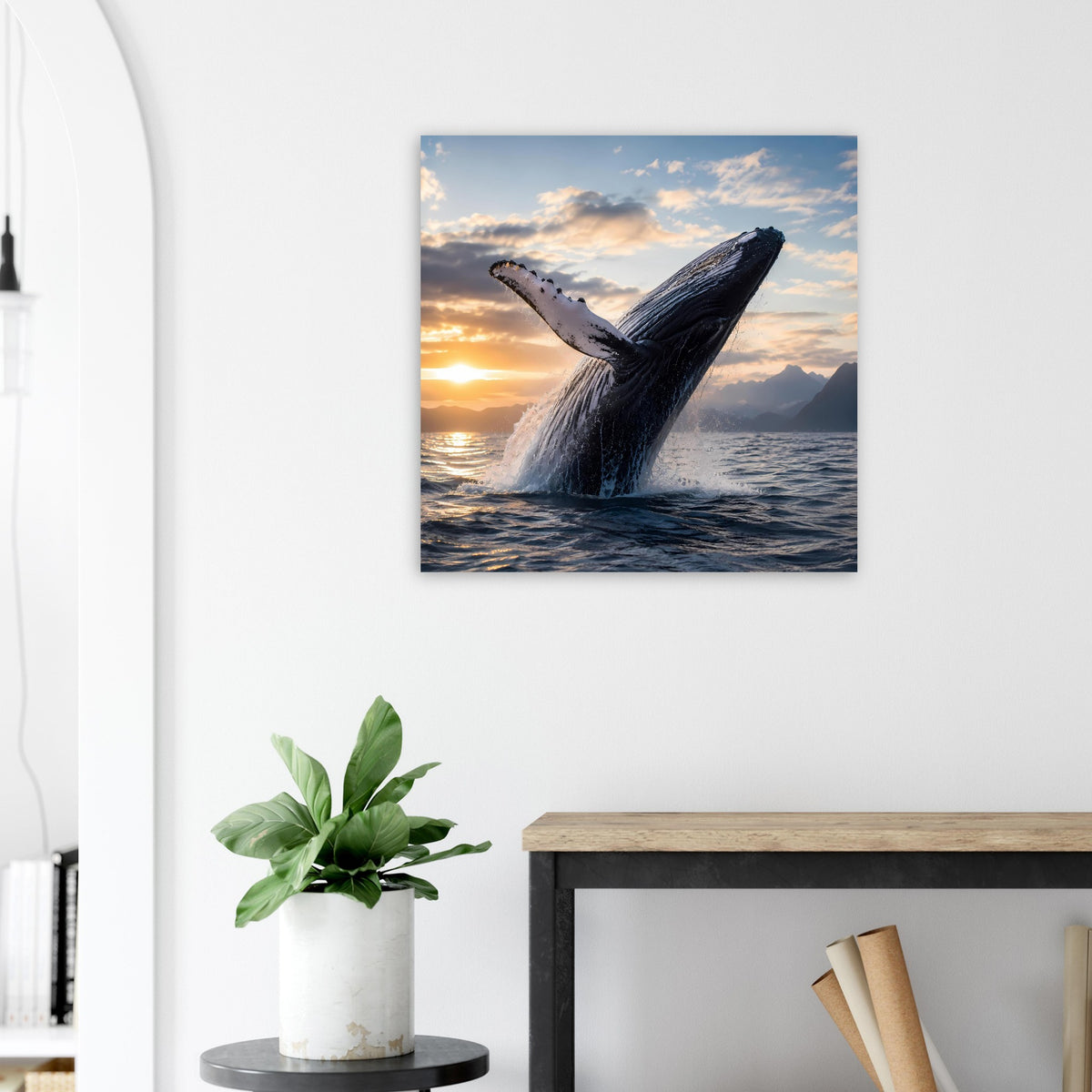 Wandposter mit Buckelwal-Blick ins Wasser beim Sprung, Sonnenuntergang, blaue Umrandung