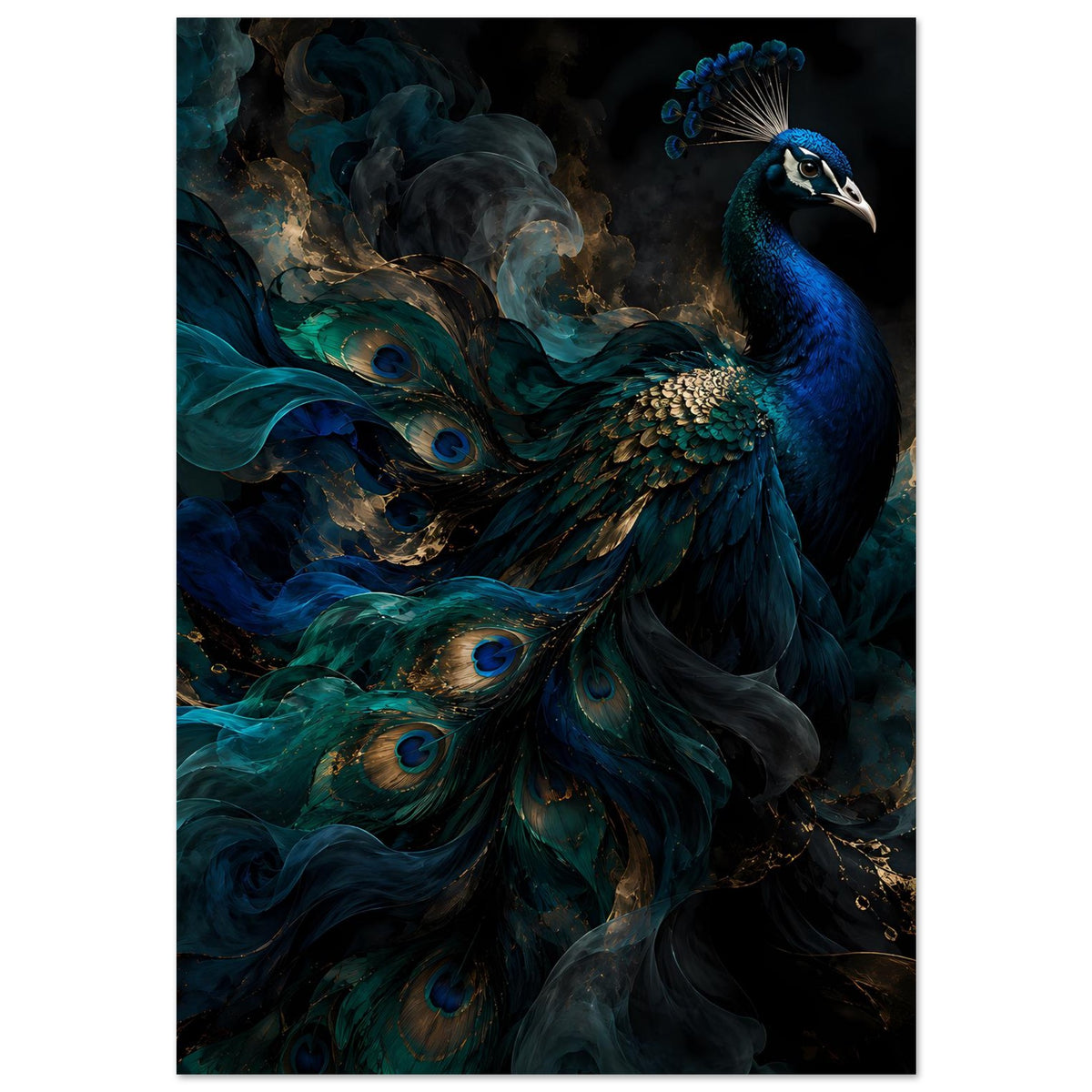 Kunstposter mit Pfau-Motiv, detaillierte Federaugen in Blau, Grün und Gold