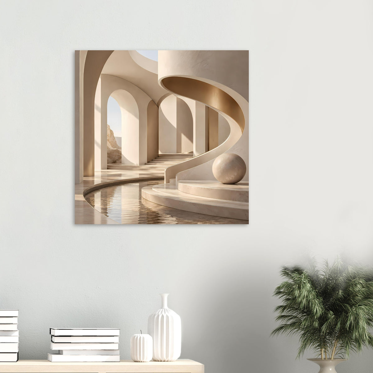 Architekturposter mit marmornem Korridor, geschwungenen Bögen und runder Stein-Kugel