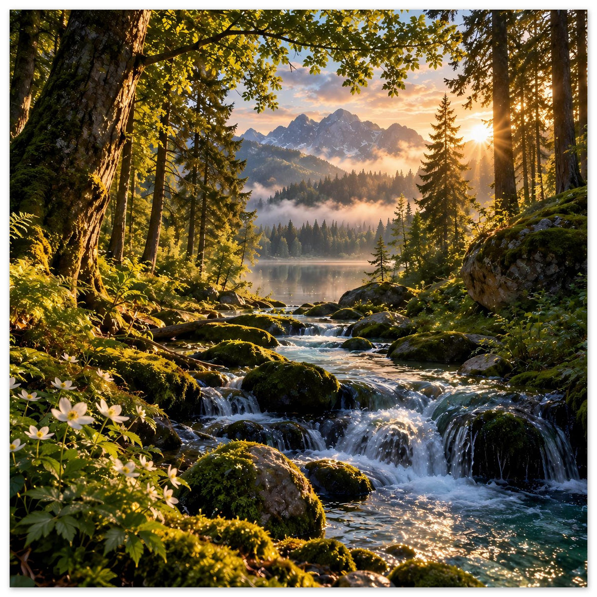 Vertikales Wasserfall-Poster auf mattem Premiumpapier mit Felsen, Bach und goldenem Licht