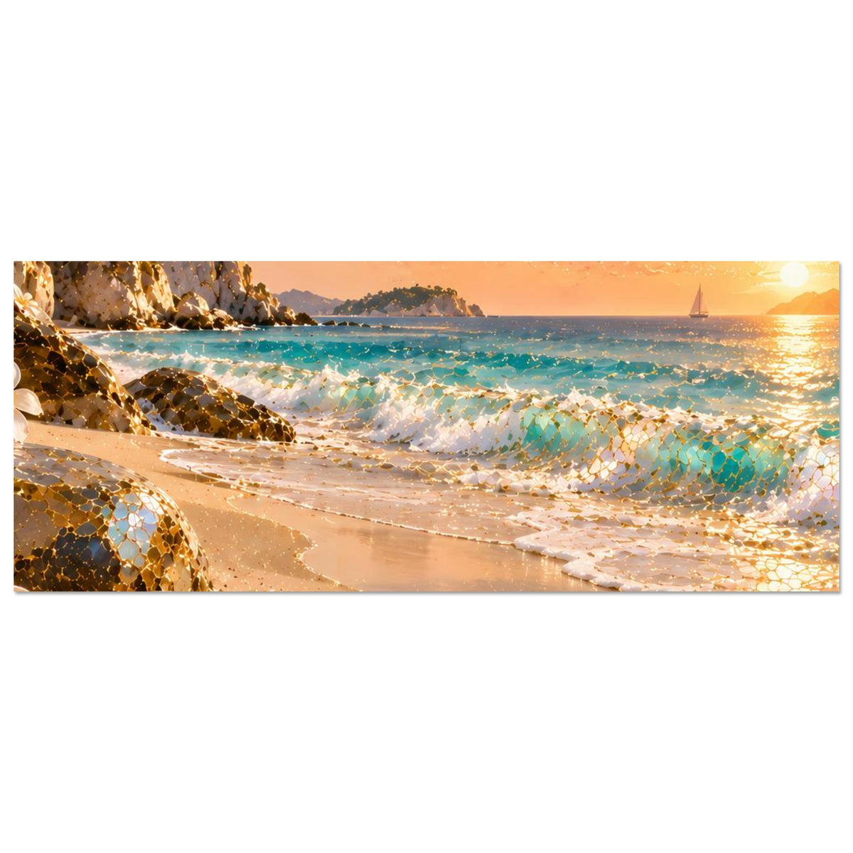 Horizontales Poster mit Strandmotiv, türkisblauen Wellen und goldenen Mosaikakzenten