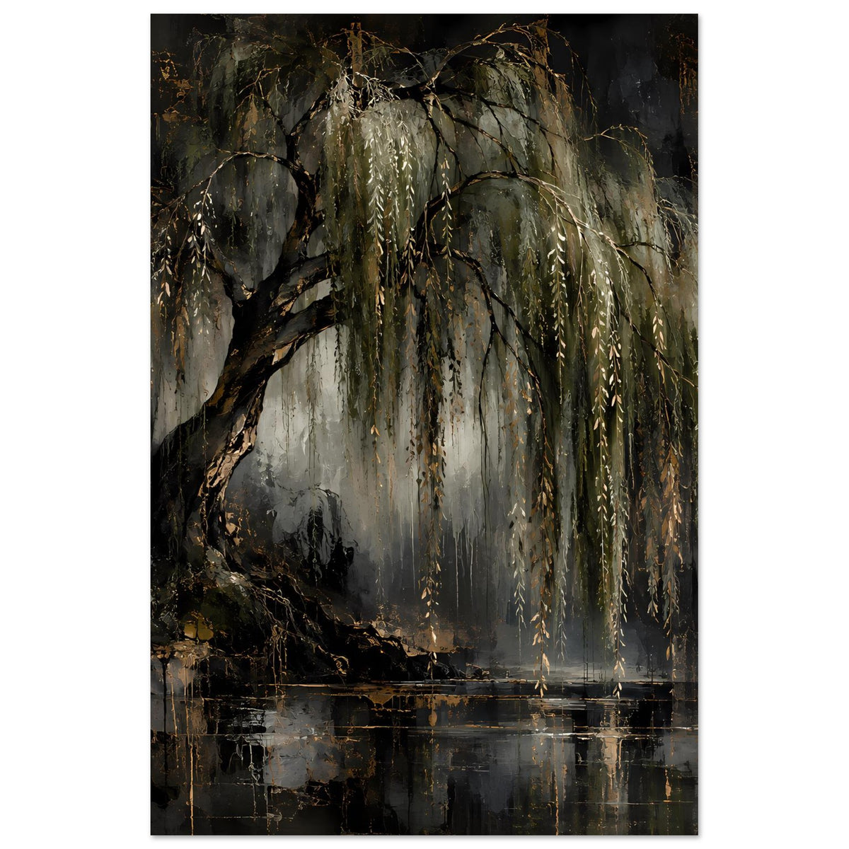 Vertikales Naturposter mit Baumstamm und gold schimmernden Trauerweidenzweigen über Wasser