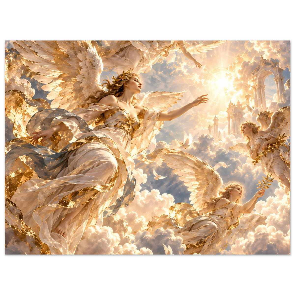 Mattes Poster: Engel und weitere Engelsfigur in Wolken, goldfarbenes Querformat