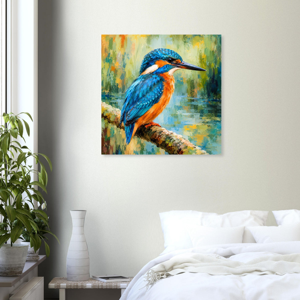 Quadratisches Wandposter mit blauem Eisvogel, sitzt auf Zweig mit buntem Hintergrund