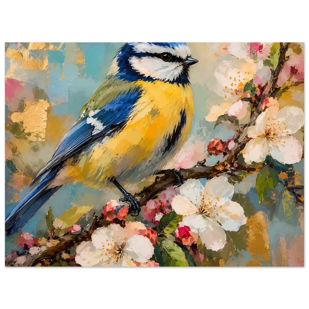 Vogelkunst-Poster querformat: blauer und gelber Vogel auf Ast mit weißen Frühlingsblüten