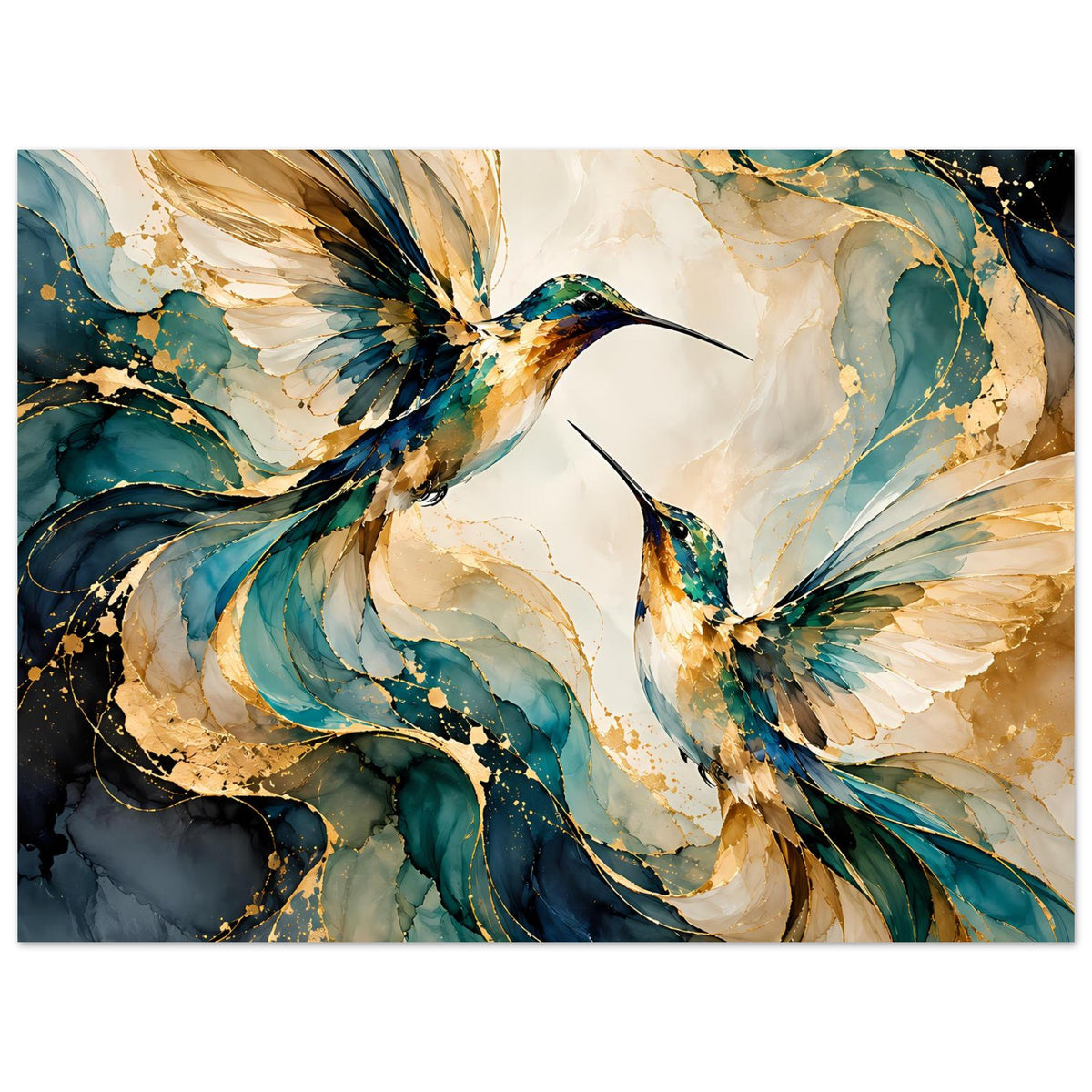 Vogelposter mit schwebenden Kolibris, blau-goldene Federn, leuchtende Aquarellfarben
