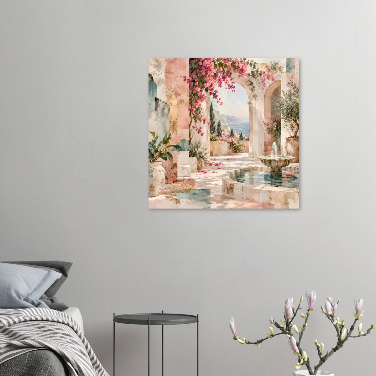 Kleines Kunstposter mit mediterraner Terrasse, Steinbögen, Brunnen und pinkem Blütenkranz