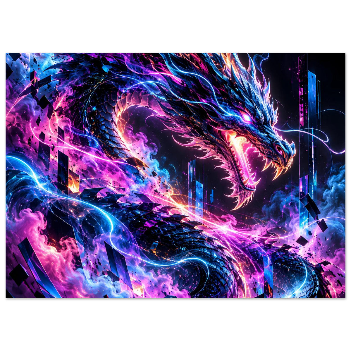 Neon-Cyberdrache-Poster im Querformat mit erhobenem Drachenflügel und Energiegewitter