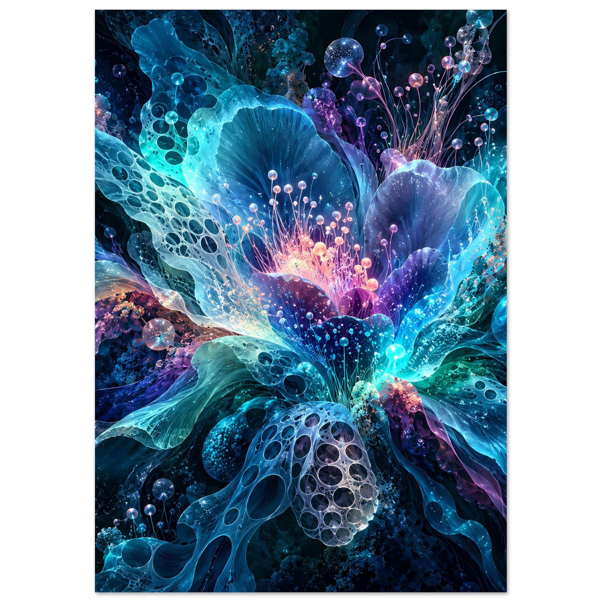 Leuchtendes digitales Blumenposter, vertikal mit detailreicher Blüte in Blau und Violett