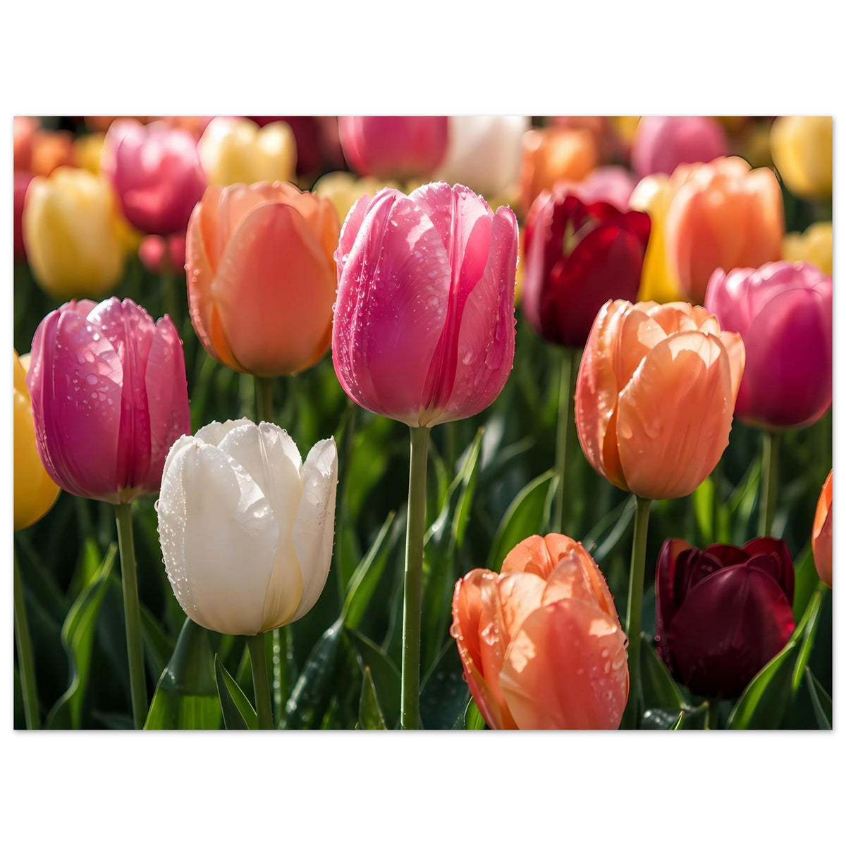 Tulpen-Garten-Poster im Querformat: größere Tulpenansicht, weiße Blüte links, pink in der Mitte