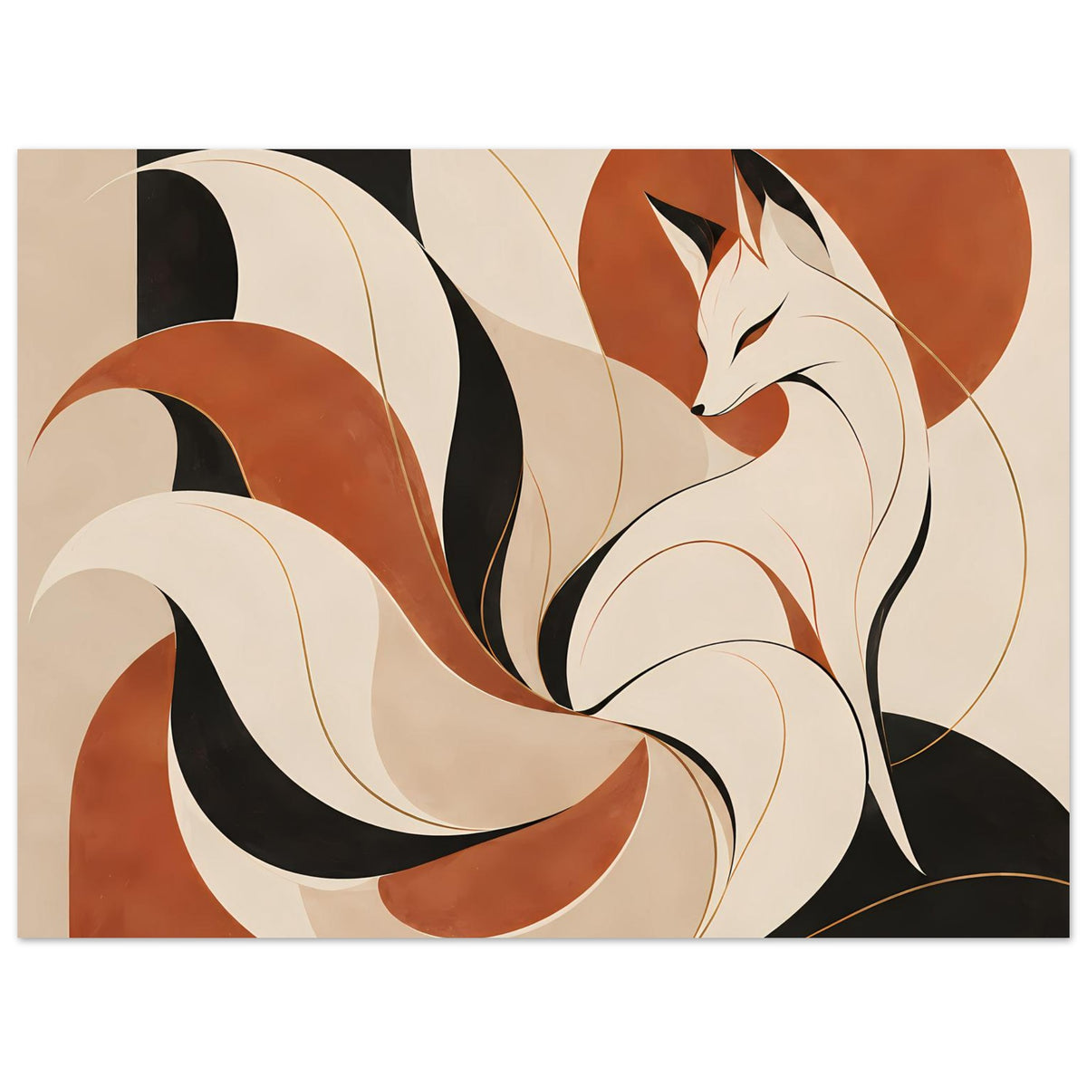 Japanisches Poster mit Kitsune-Fuchsgeist und neun Schweifen, weiße Linien und Ockergrau