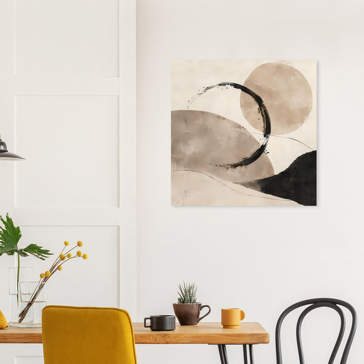 Abstraktes Poster mit Kreisen und Linien in Beige, Grau und Schwarz, rechteckig
