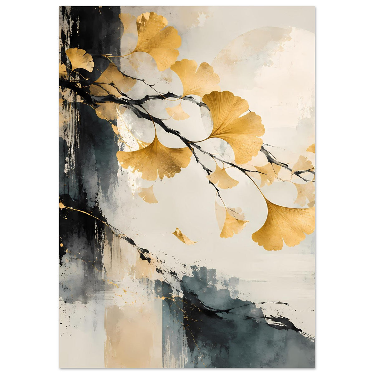 Kunst-Poster im Hochformat mit goldenem Ginkgo-Blatt, weißen Blättern und dunklen Zweigen