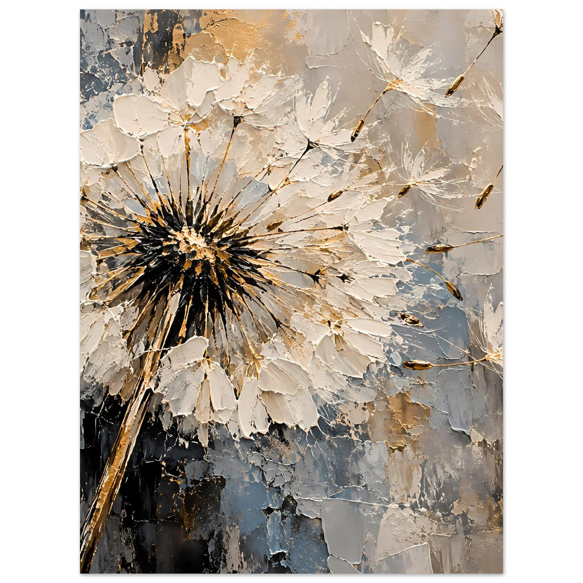 Vertikales Kunstposter mit Dandelion in Creme und Dunkelbraun, Goldakzente, blau-graue Textur
