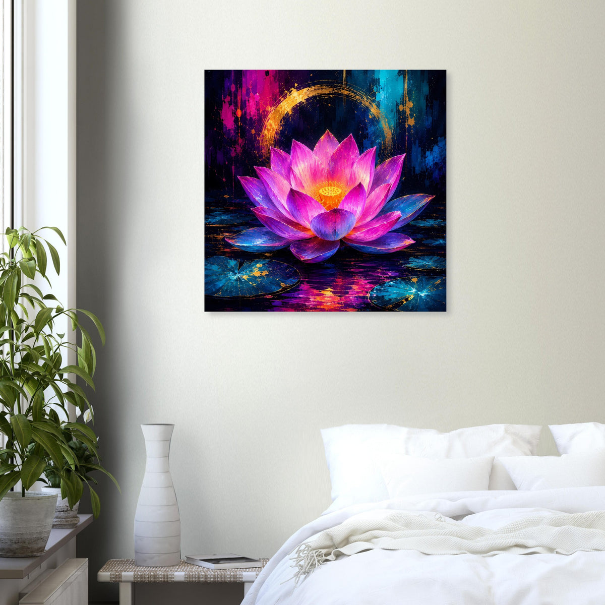 Quadratisches Blumenposter mit Lotusblüte in Rosa und Violett, goldene Lichtbögen im Hintergrund