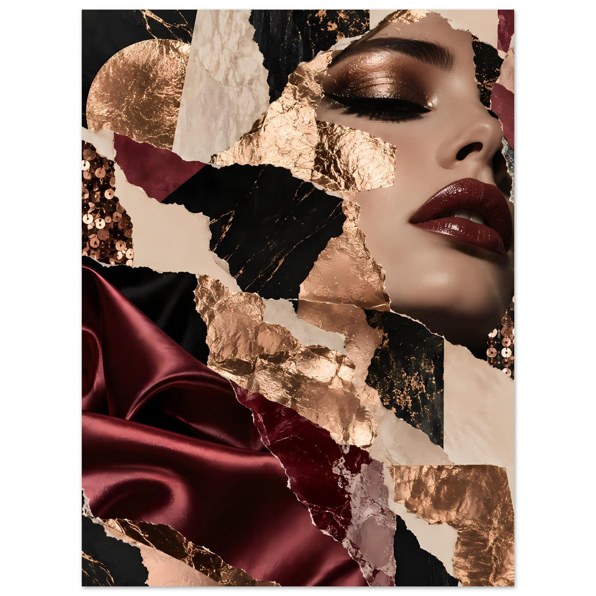 Fashion-Collage-Poster: Porträt mit geschlossenen Lidern, bordeauxfarbener Satin und Goldfolie