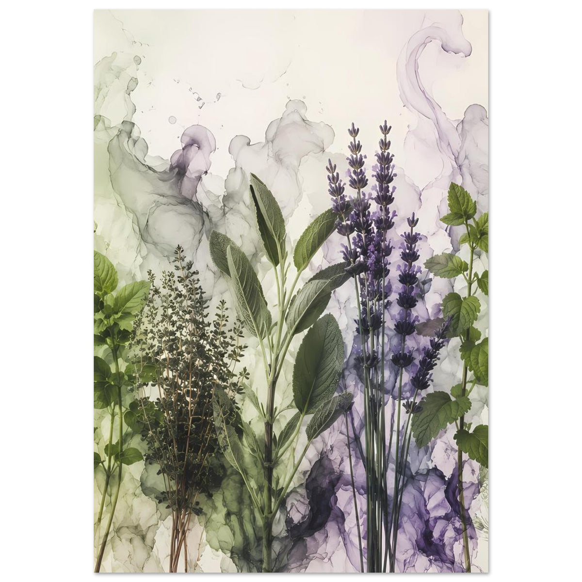 Botanisches Poster mit Lavendelblüten, grünen Kräuterstängeln und Aquarell-Illustration