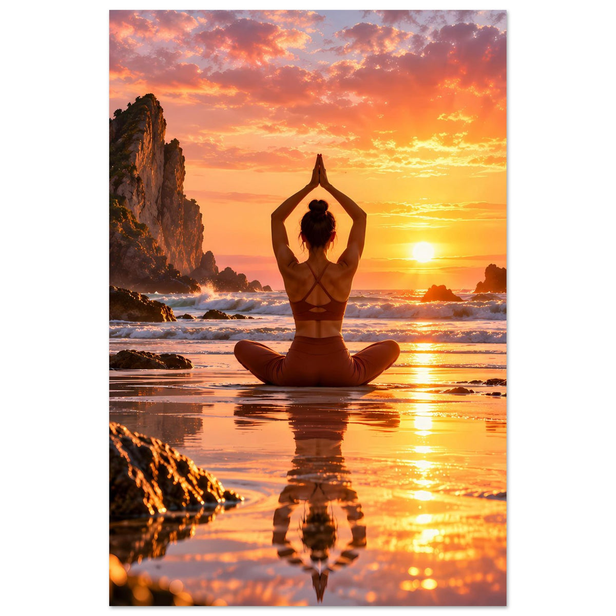 Yoga-Poster, mattes Papier (Hochformat): meditierende Person im Lotossitz bei Abendsonne