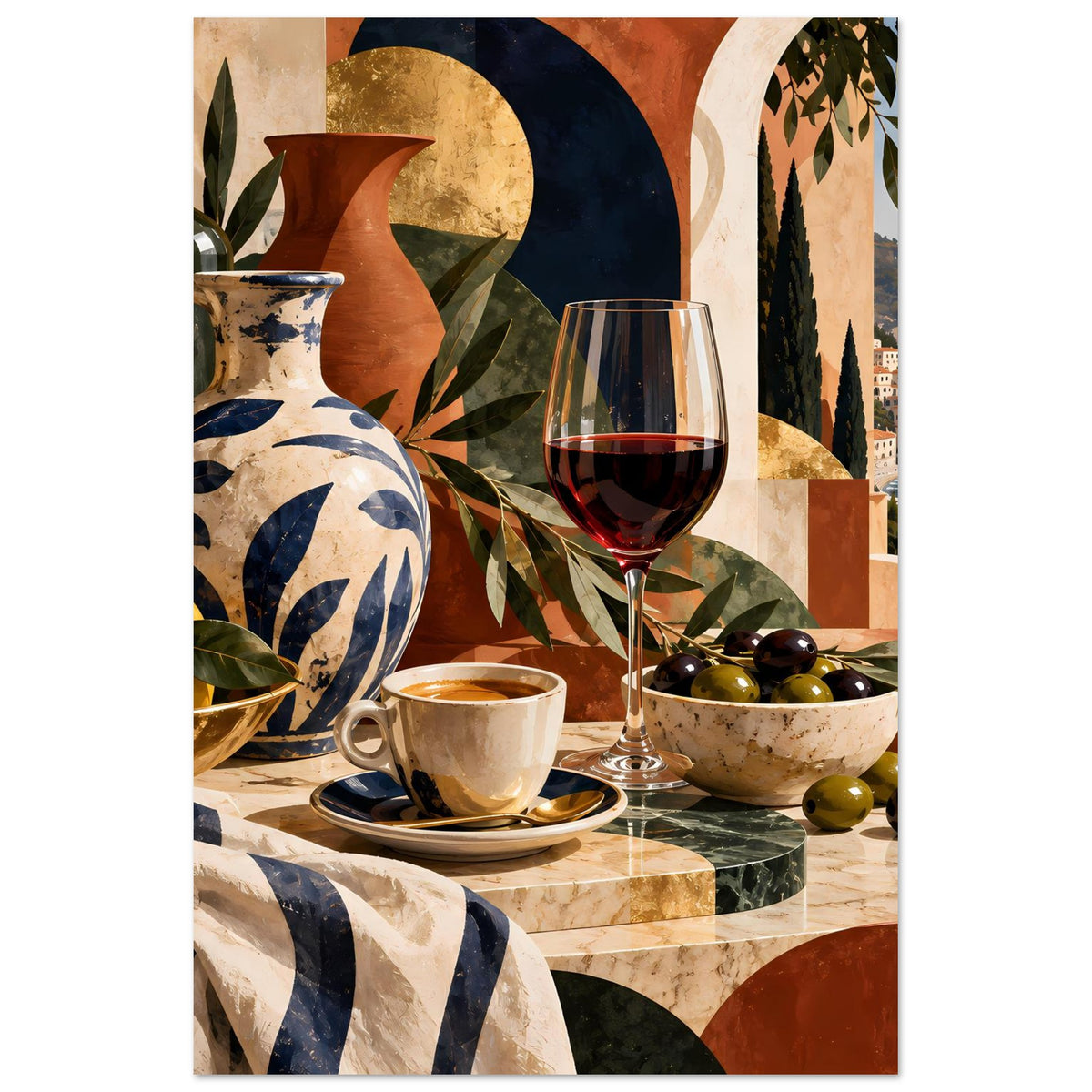 Poster im Hochformat mit mediterranem Stillleben: Vase, Weinglas, Tasse, Olivenschale