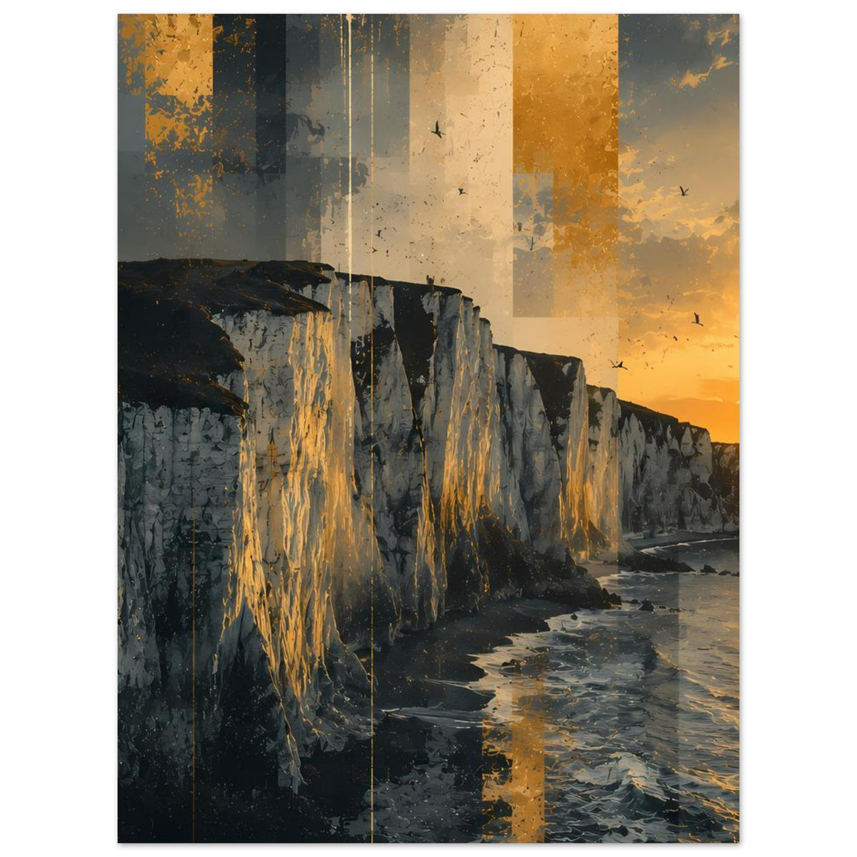 Poster mit dramatischen Steilküsten bei Sonnenuntergang, dunklem Meer und goldenem Licht