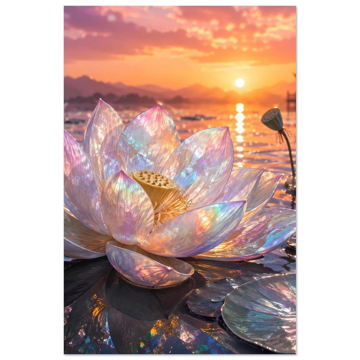 Poster: irisierende Lotusblüte, goldener Sonnenuntergang, Spiegelungen auf dem Wasser