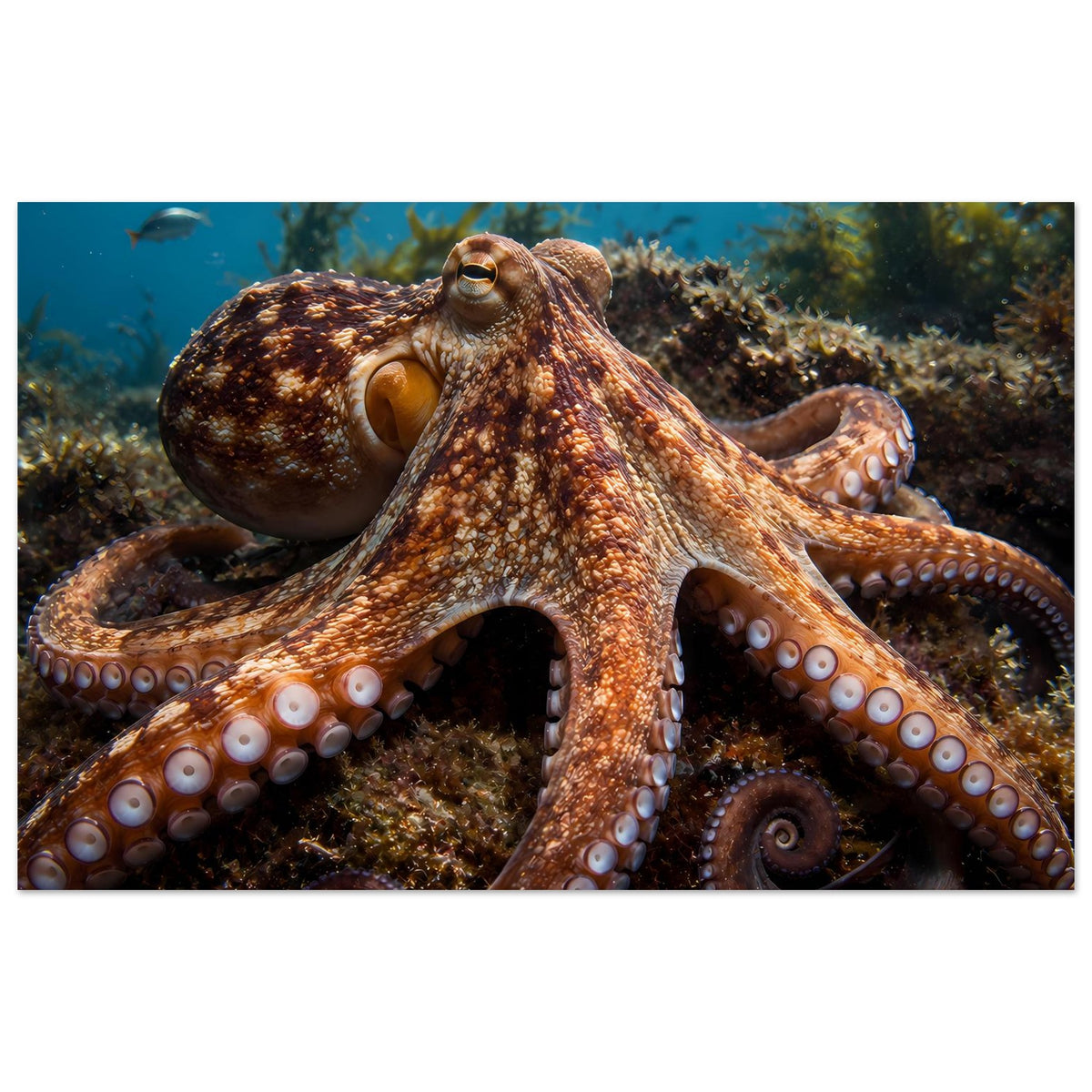 Poster im Querformat mit braunem Oktopus über Korallenriff und Unterwasserpflanzen