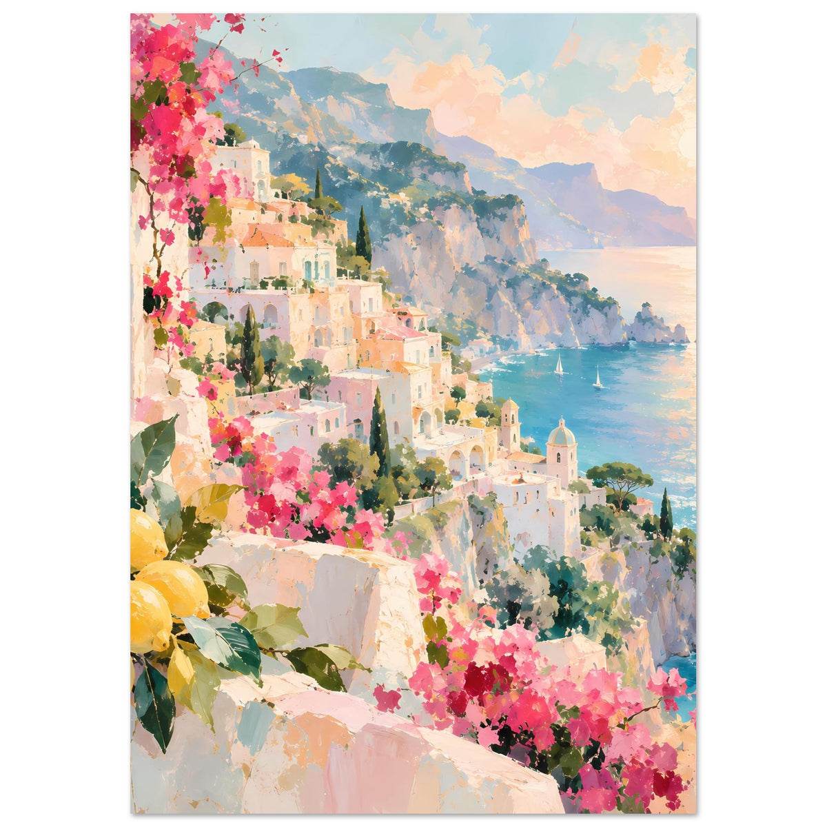 Kunstdruck-Poster, vertikal: Küstenstadt mit rosa Blüten, gelben Früchten, Meer und sanften Bergen