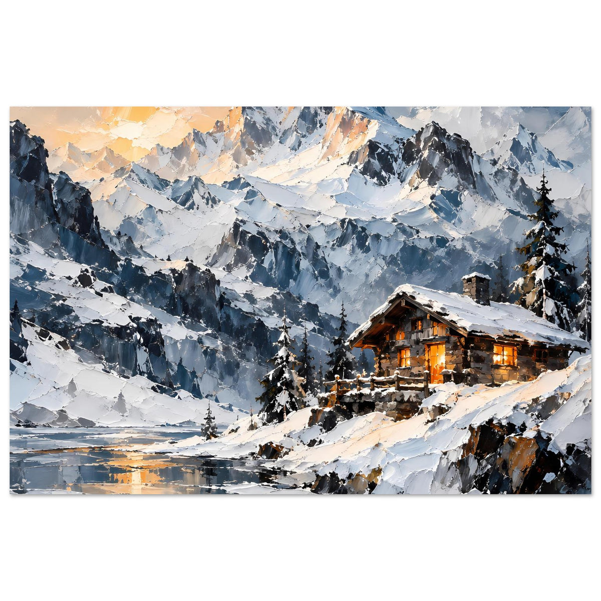 Alpenposter im Panoramaformat: Berghütte rechts mit warmen Fenstern, verschneite Bergkette