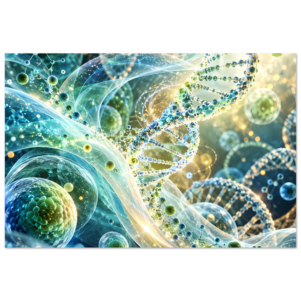 Poster mit DNA-Doppelhelix-Grafik, grünen und blauen Partikeln sowie goldenen Lichtpunkten