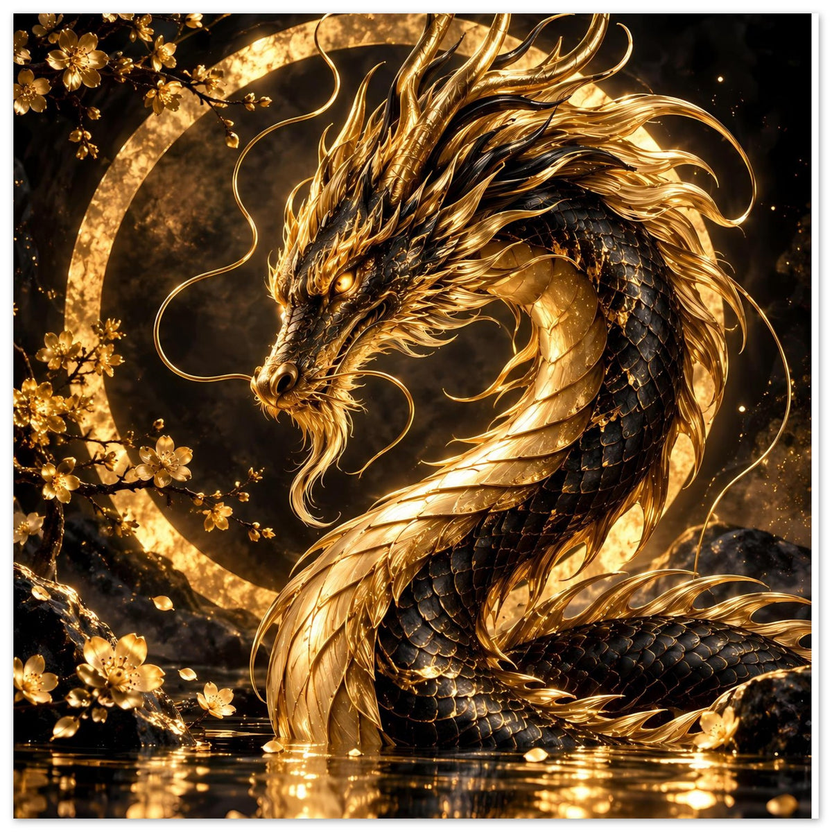 Poster mit gold-schwarzem Drachen im Kreis, goldene Flammenlinien und schimmernder Bodenreflexion