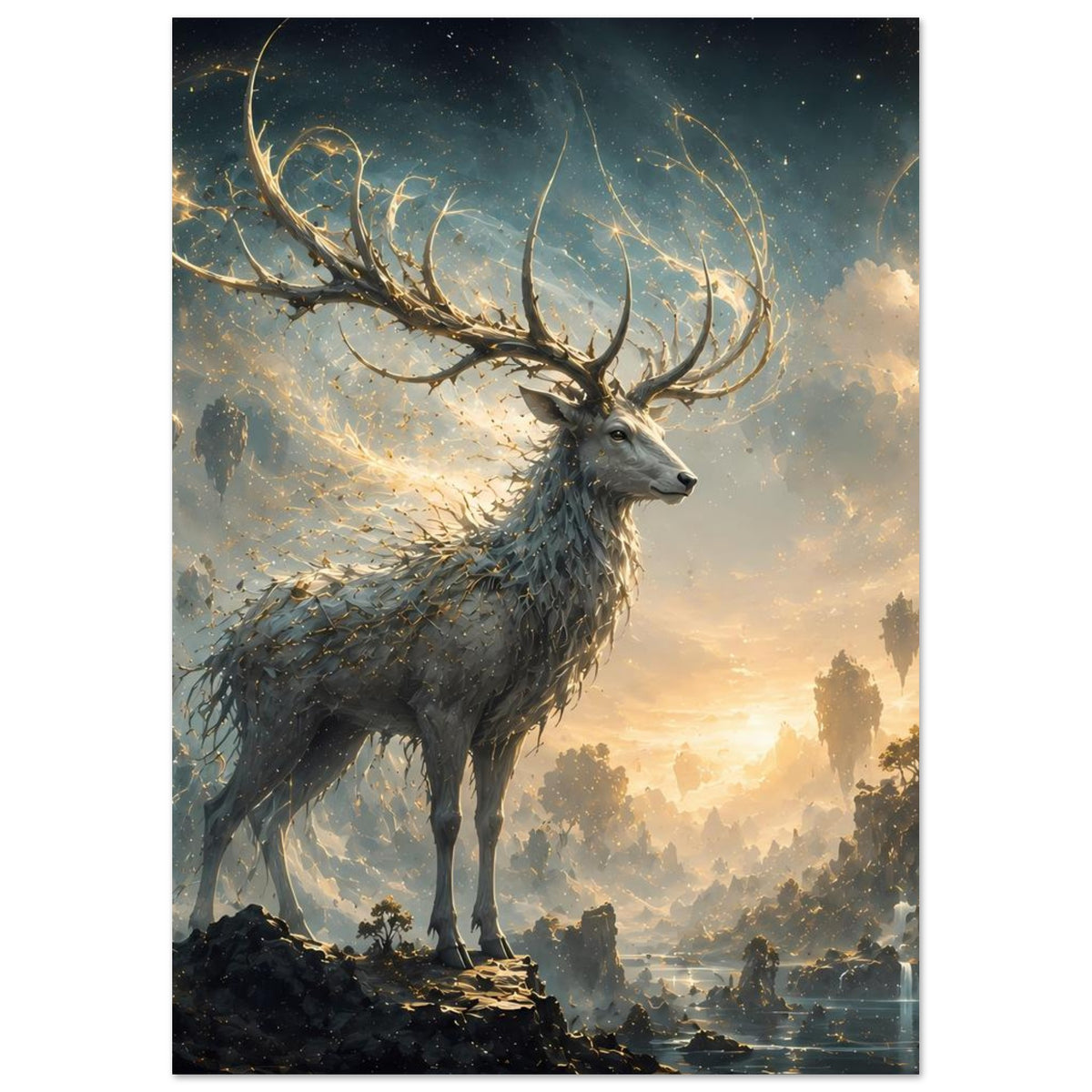 Fantasy-Hirsch Poster im Hochformat mit Hirschkopf im Profil und mächtigem Geweih