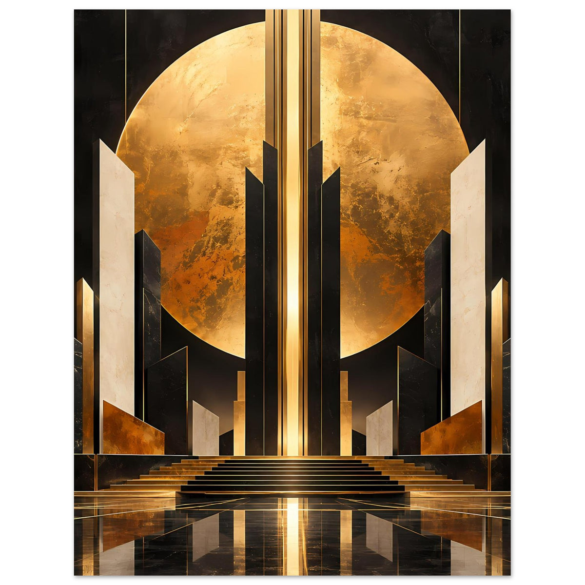 Art-Deco-Poster mit goldenem Bogen, schwarzen Türmen und zentralem Lichtschacht