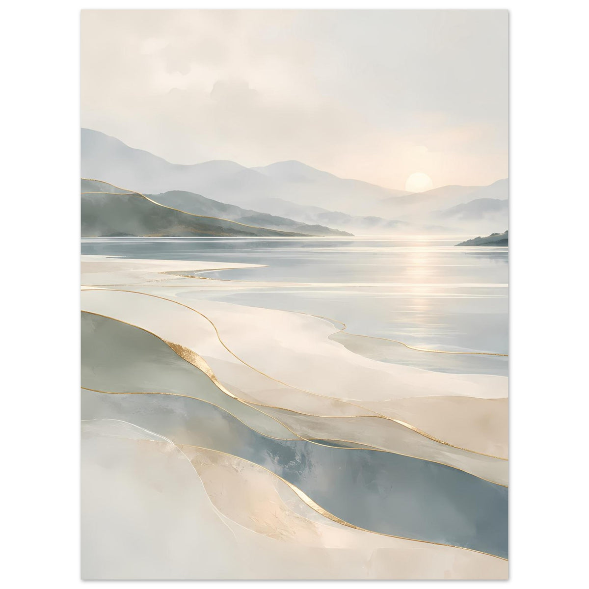 Hochformat-Poster mit Küstenblick in Beige, Grau und feinen goldfarbenen Linien