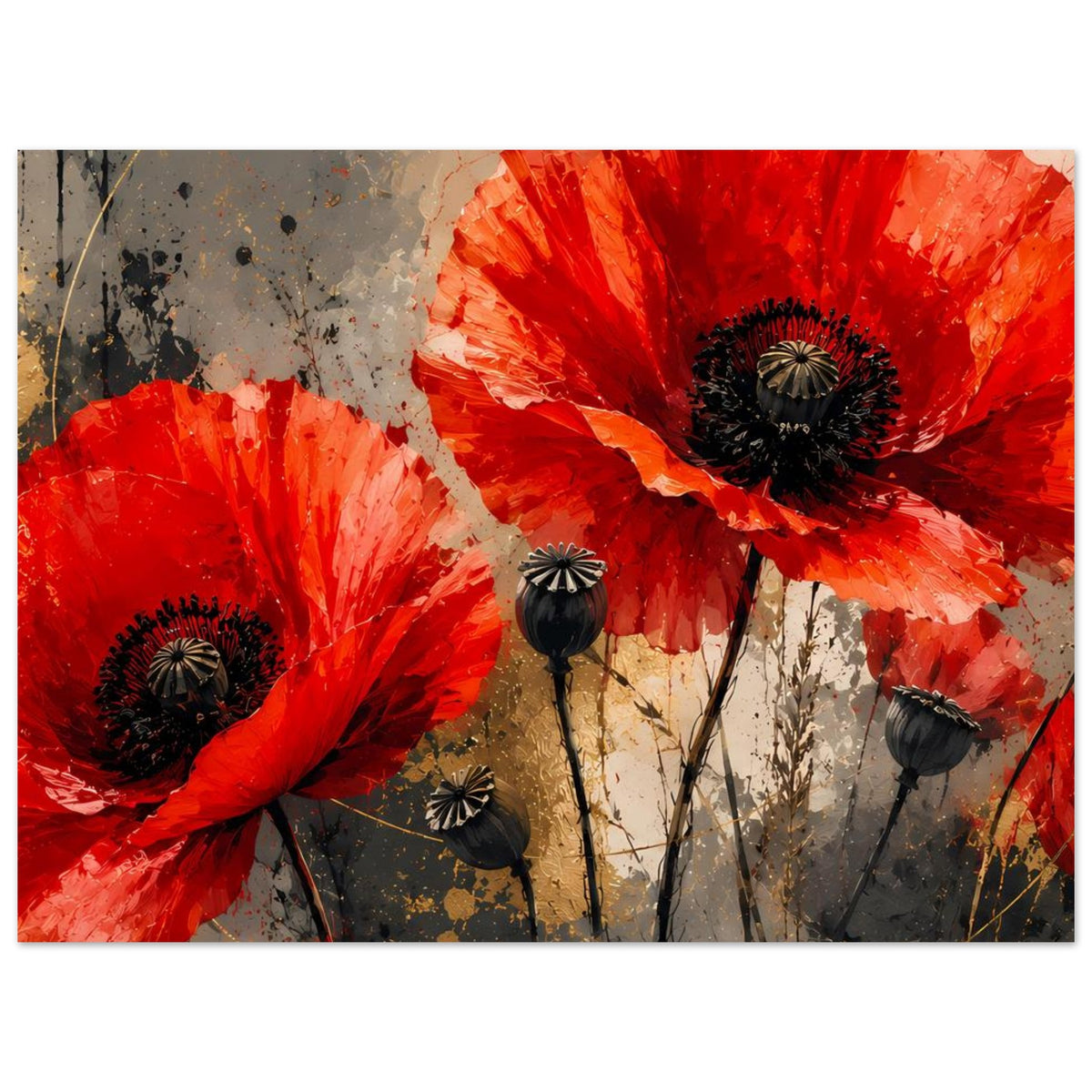 Poster mit roten Mohnblumen und schwarzen Samenkapseln, horizontal