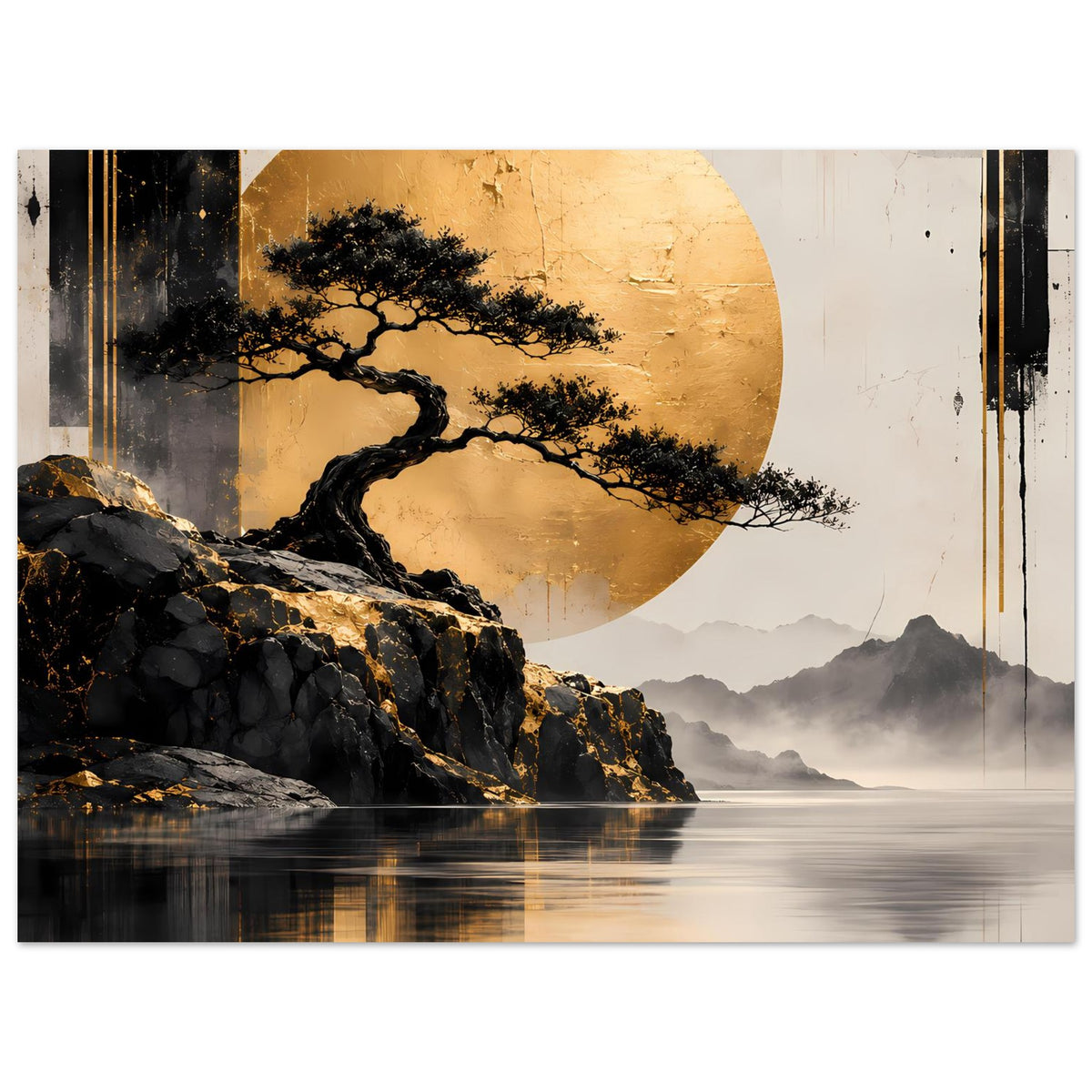 Poster im Querformat: goldene Mondscheibe, Bonsai-Baum in Schwarz, Felsen, Nebel und spiegelndes Wasser