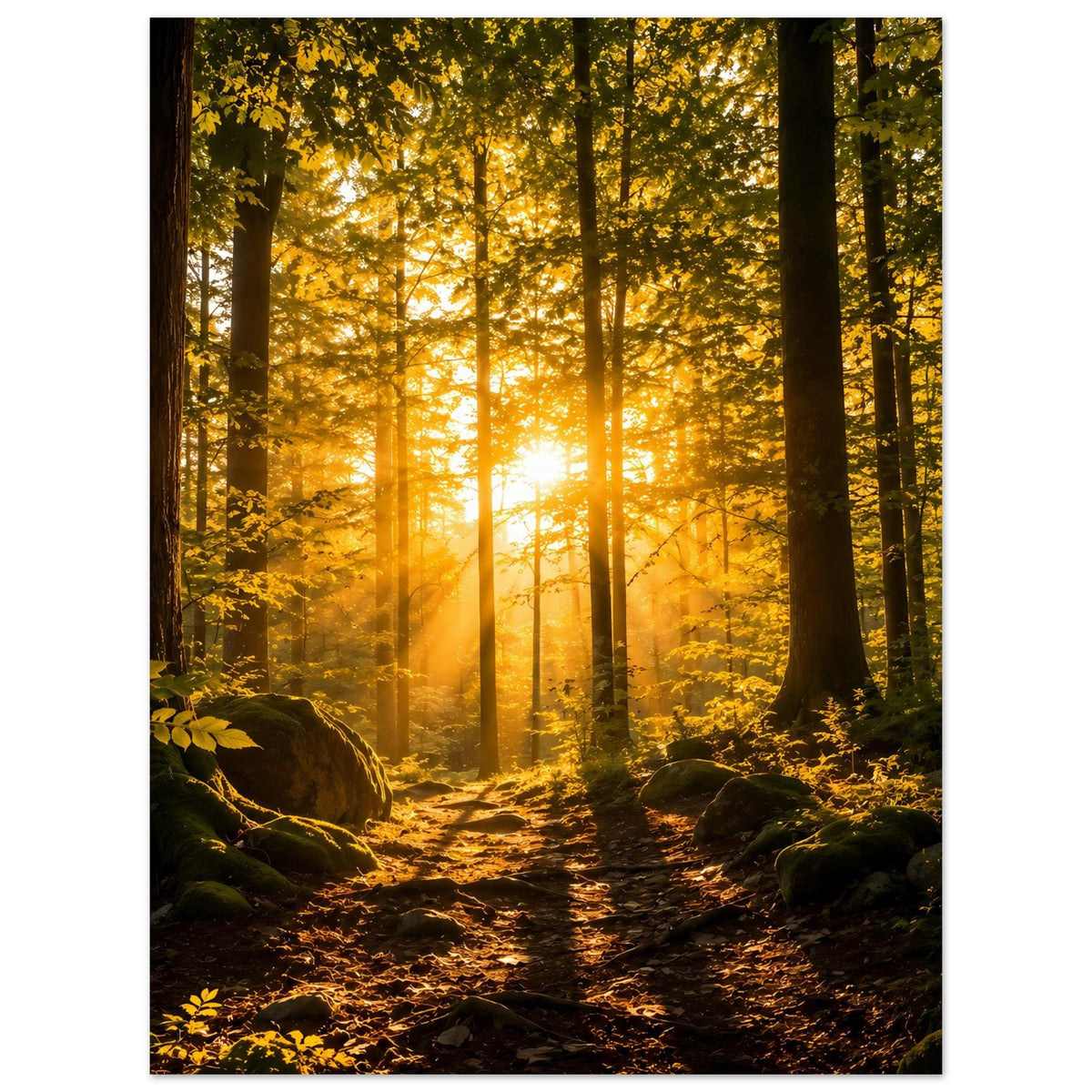 Wandposter mit Waldweg, goldener Sonnenstrahlen durch hohe Bäume, warme Farbgebung