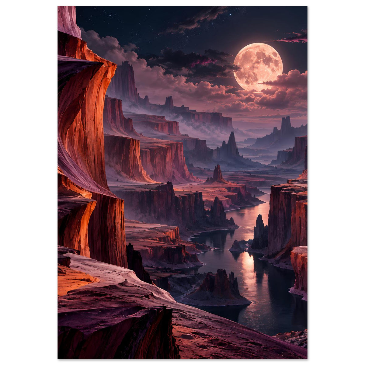 Vertikales Landschaftsposter, gerahmt: Canyon-Schlucht mit Fluss und hellem Mond am Himmel