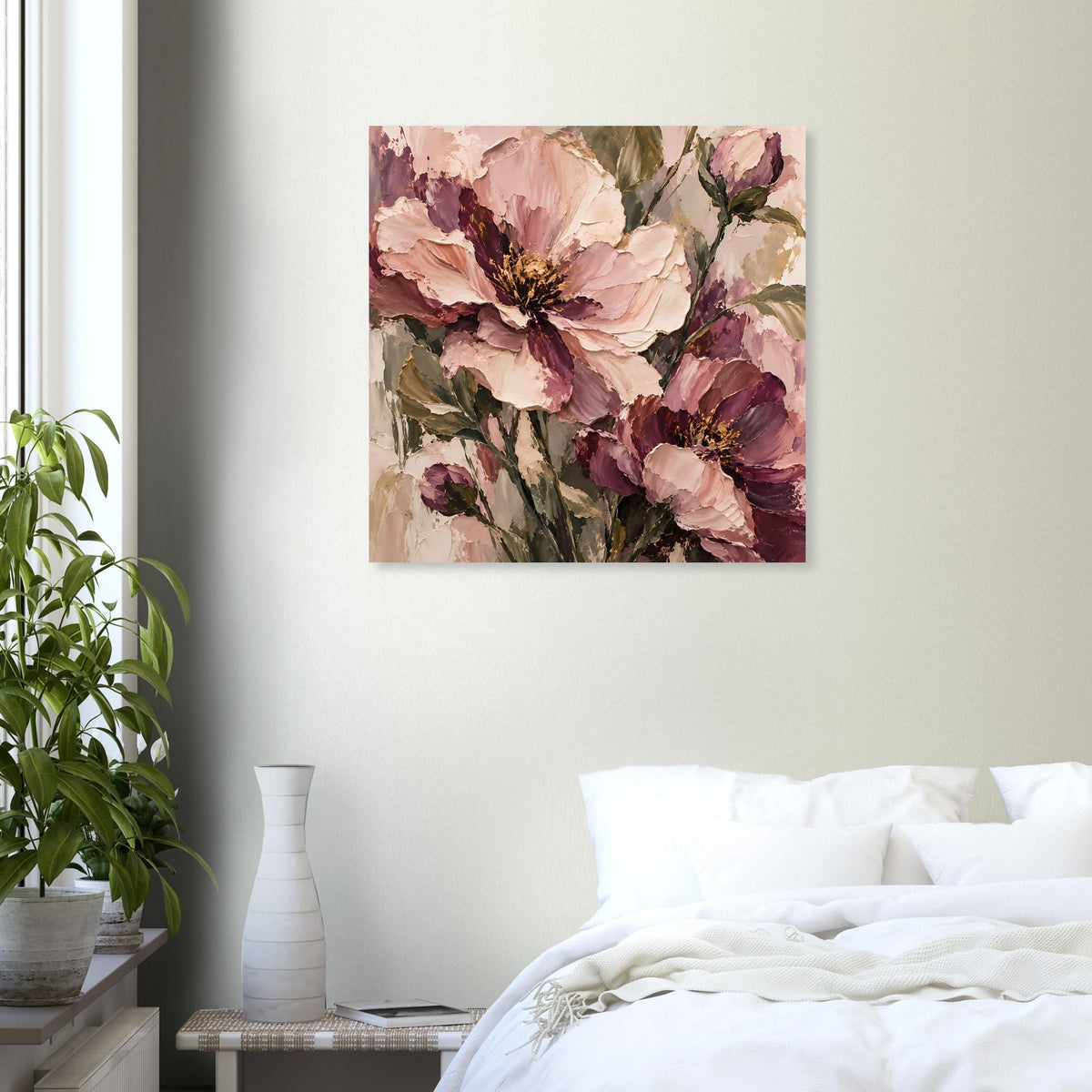 Blumenposter im quadratischen Format: pinke und mauve Blüten, grüne Blätter