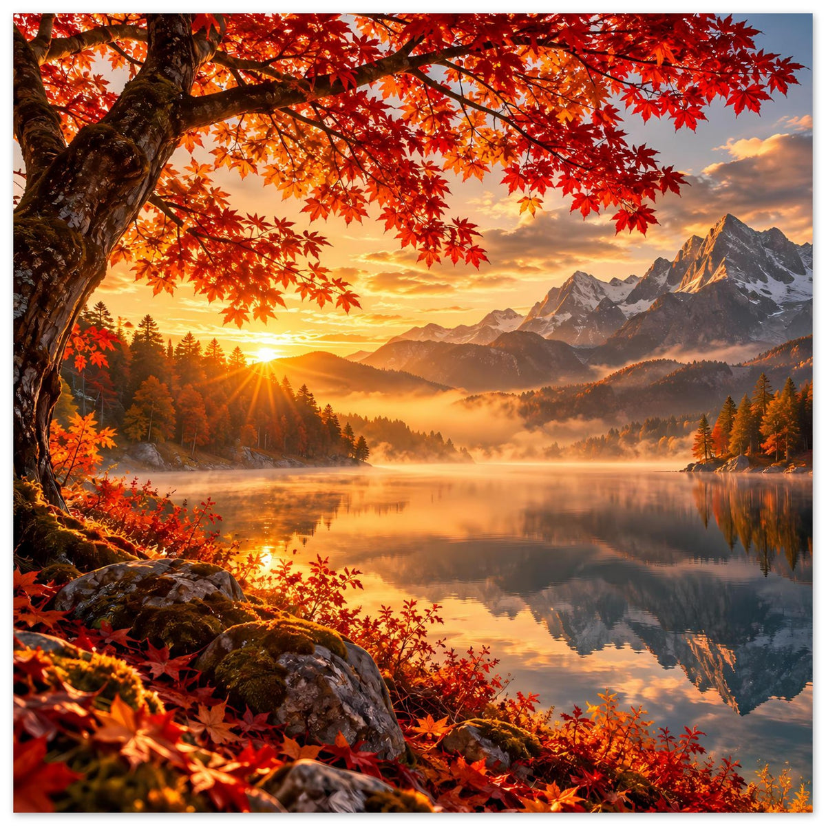 Herbstlandschaft-Poster mit dunklem Baumstamm, roten Ahornblättern, Sonne und Berglandschaft