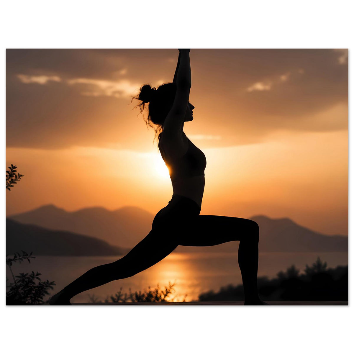 Yoga-Poster: Silhouette einer Einbein-Yoga-Position, Figur mittig im Motiv
