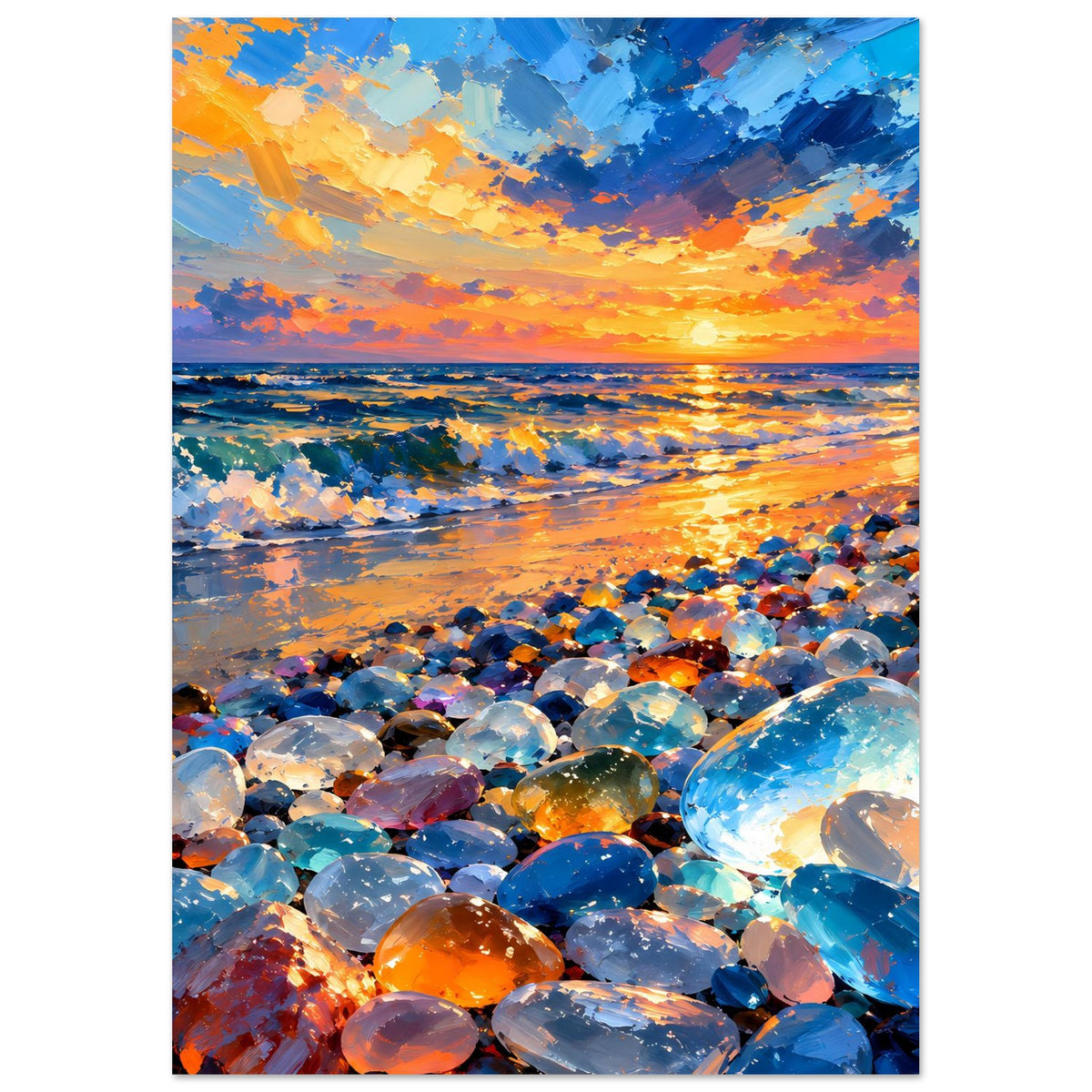Vertikales Sonnenuntergang-Poster mit Strand, Meerlinie und vielen bunten Glassteinen
