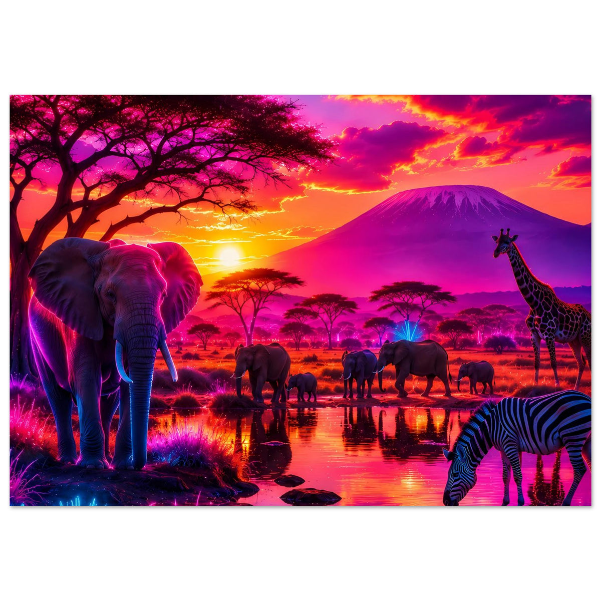 Neon-Safari-Poster: Tiere am Wasser spiegeln sich, Elefant links, Giraffe rechts, Zebra vorne