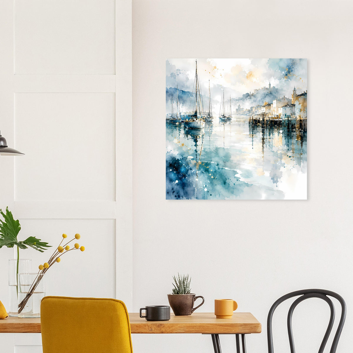 Aquarellposter mit Segelbooten im Hafen und türkisblauen Farbsprenkel-Reflexen
