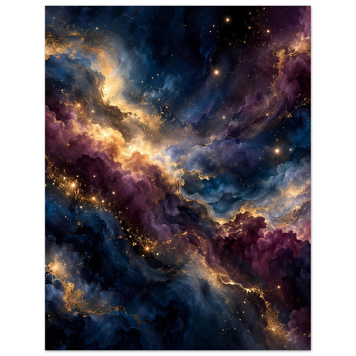 Poster mit Galaxie und Nebelschleiern: blaue, violette und goldene Partien, viele Sterne